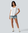 Square Neck Short Sleeve Casual Top - White