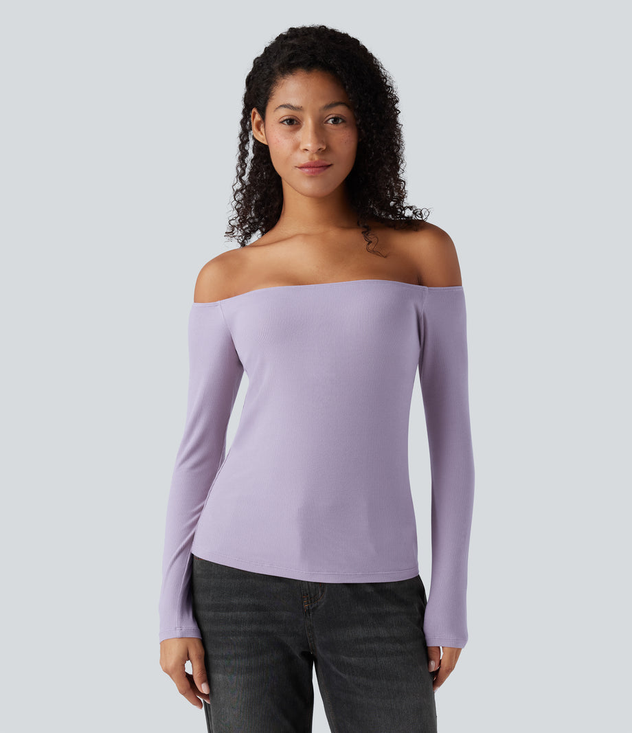 Ribbed Knit Off Shoulder Long Sleeve 2-in-1 Casual Top - Mashed Taro purple