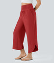 Breezeful™ High Waisted Tummy Control Split Hem Quick Dry Resort Pants with Pockets - Pompeian Red