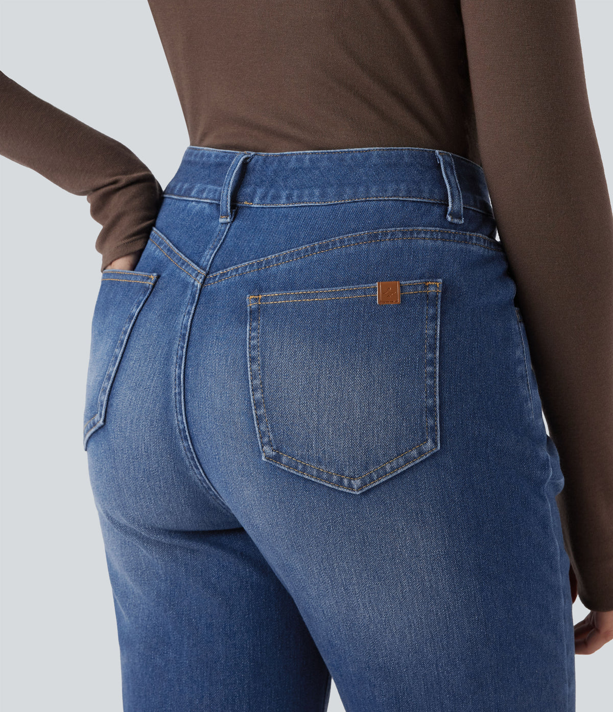 Halara Flex™ High Waisted Rolled Hem Casual Slim Jeans with Pockets - Tide Blue Denim