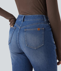Halara Flex™ High Waisted Rolled Hem Casual Slim Jeans with Pockets - Tide Blue Denim