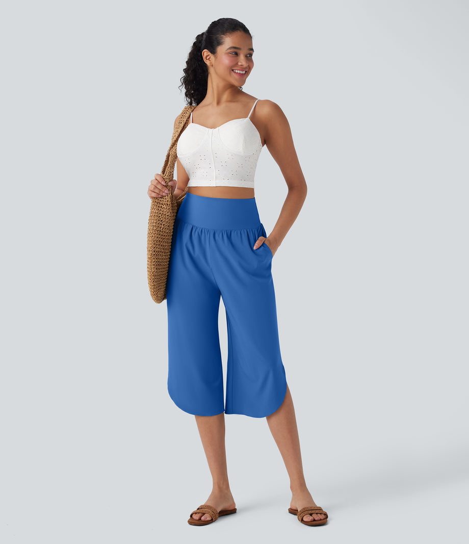 Breezeful™ High Waisted Tummy Control Hem Quick Dry Capri Pants with Pockets - Nebulas Blue