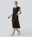 Breezeful™ V Neck Short Sleeve Pocket Tie Back Quick Dry Midi Casual Dress - Black