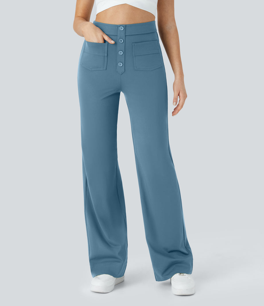DayStretch High Waisted Pockets Straight Leg Casual Pants - Warm Mid Blue