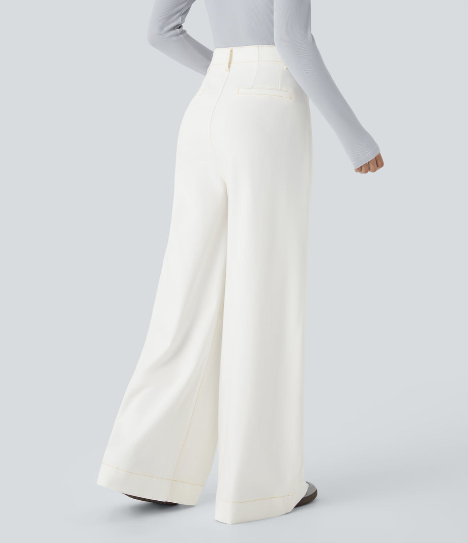 Halara Flex™ High Waisted Pockets Washed Casual Wide Leg Jeans - Beige Denim