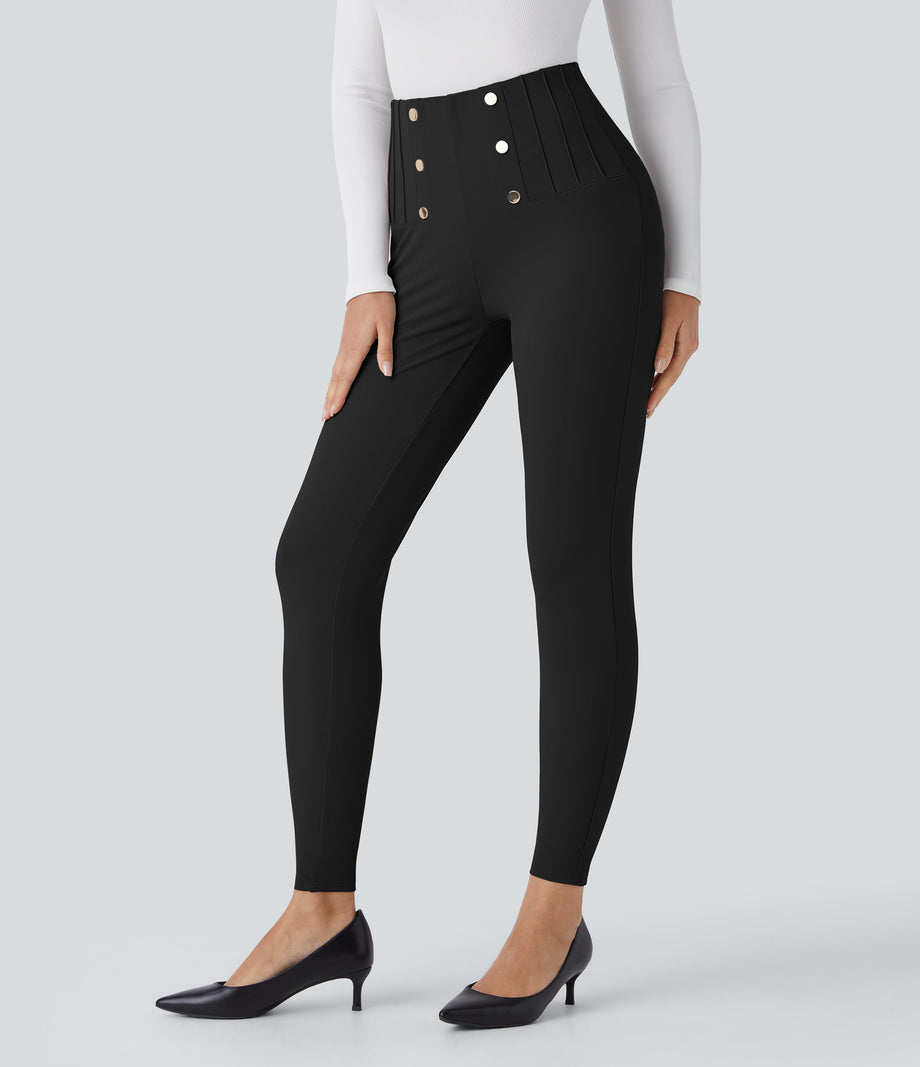 High Waisted Tummy Control Decorative Back Zipper Pockets Herringbone Work Leggings - Black