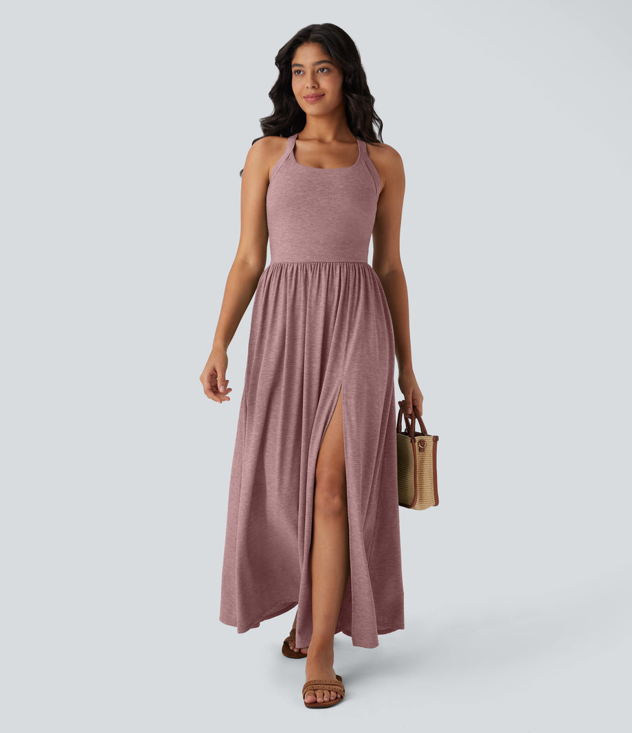 Twisted Backless Split Flowy Maxi Resort Dress with Pockets - Dusk Rose Plum