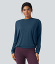 Round Neck Long Sleeve Ruched Yoga Sports Top-UPF50+ - Majolica Blue
