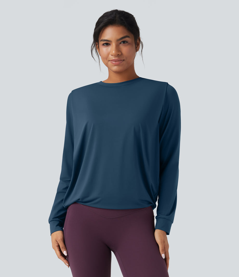 Round Neck Long Sleeve Ruched Yoga Sports Top-UPF50+ - Majolica Blue