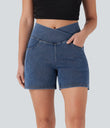 Halara Flex™ Crossover High Waisted Pockets Wide Leg A Line Washed Denim Casual Shorts - Tide Blue Denim