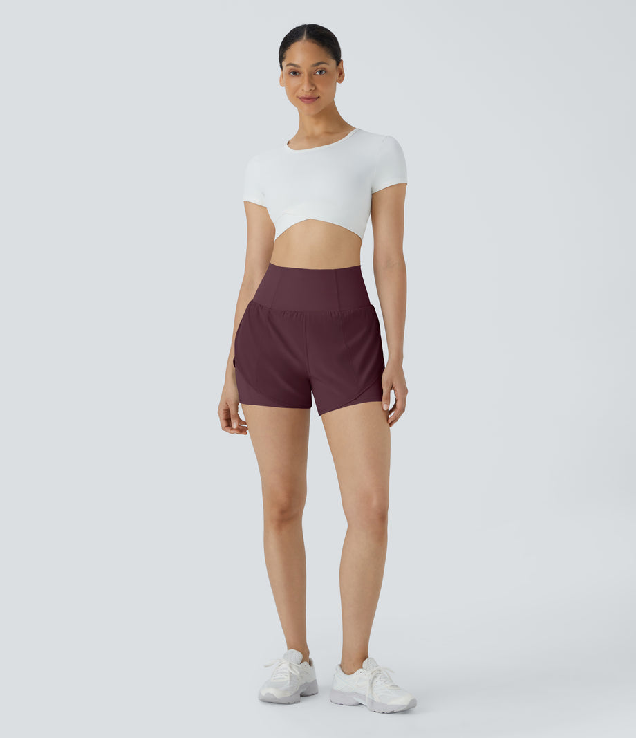 Breezeful™ Super High Waisted Curved Hem 2-in-1 Pocket Quick Dry Yoga Shorts 3.5'' - Berry Red