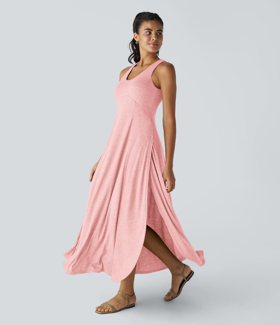 U Neck Flowy Maxi Casual Tank Dress - Creole Pink Floral Yarn