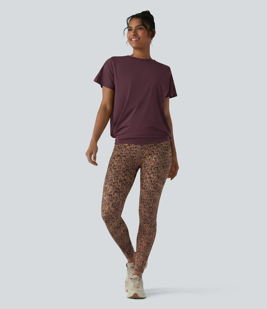 Round Neck Short Sleeve Ruched Cool Touch Yoga Sports Top-UPF50+ - Fig