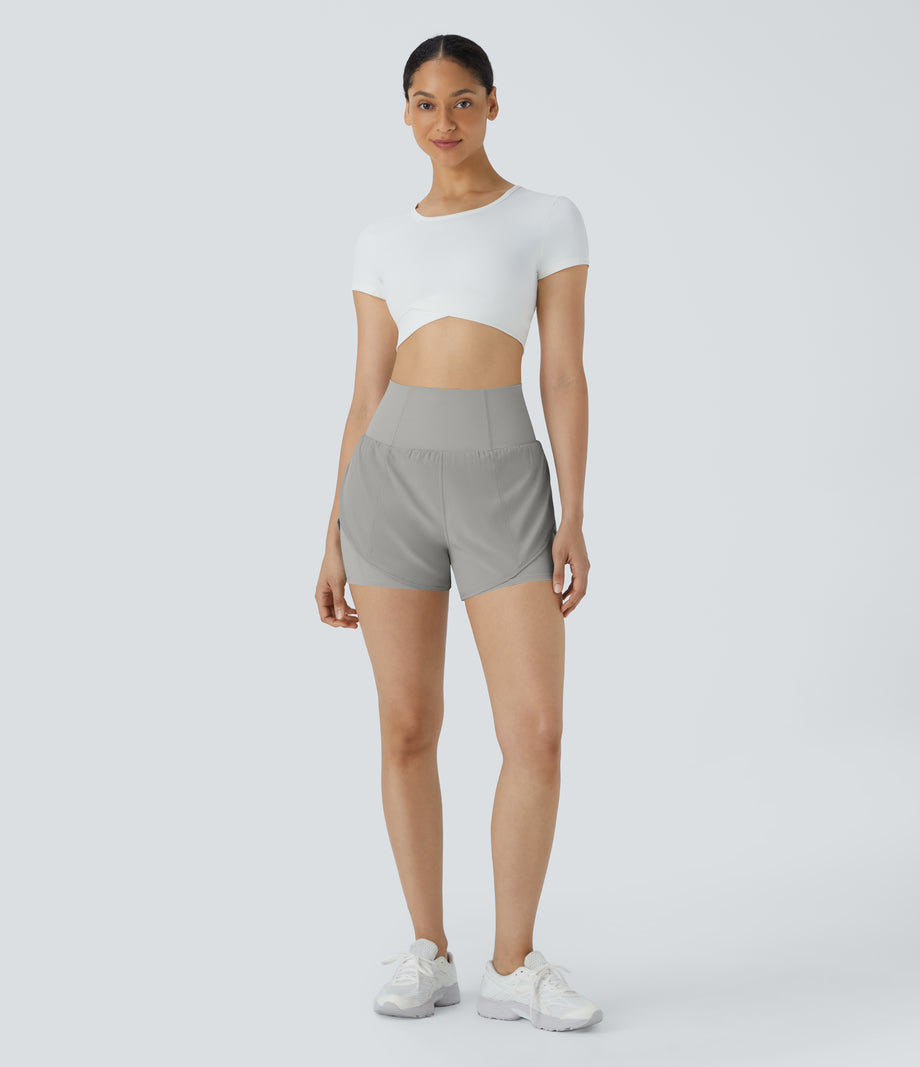 Breezeful™ Super High Waisted Curved Hem 2-in-1 Pocket Quick Dry Yoga Shorts 3.5'' - Greenish Grey