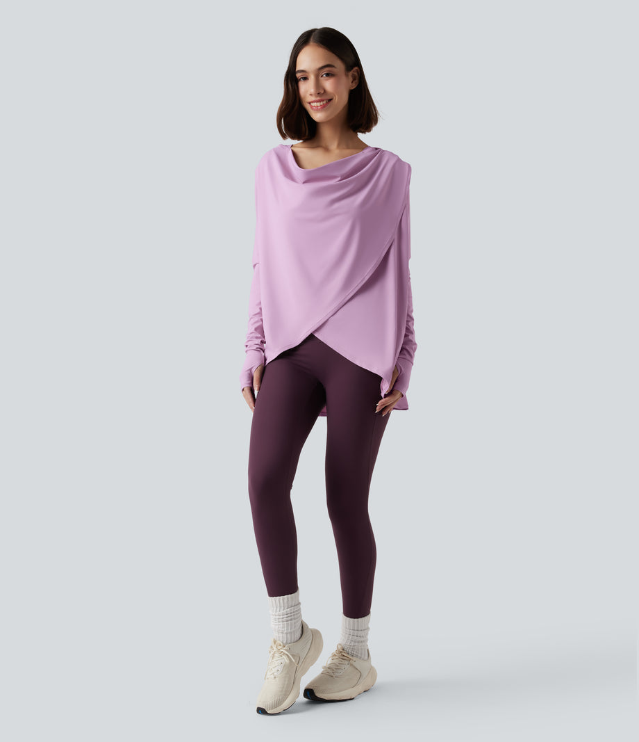 Hooded Cowl Neck Long Sleeve Thumb Hole Yoga Sports Top with Pockets - Orchid Bouquet