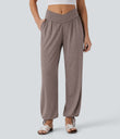 Crossover High Waisted Pocket Drawstring Casual Joggers - Deep Tea Brown Floral Yarn