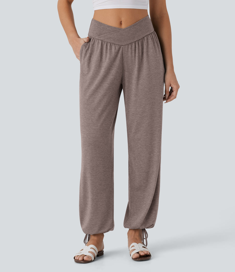 Crossover High Waisted Pocket Drawstring Casual Joggers - Deep Tea Brown Floral Yarn