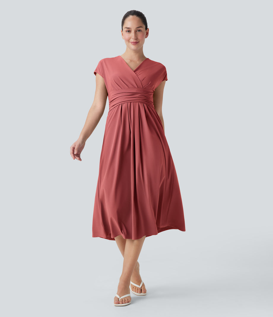 Breezeful™ V Neck Short Sleeve Pocket Tie Back Quick Dry Midi Casual Dress - Kapok Red
