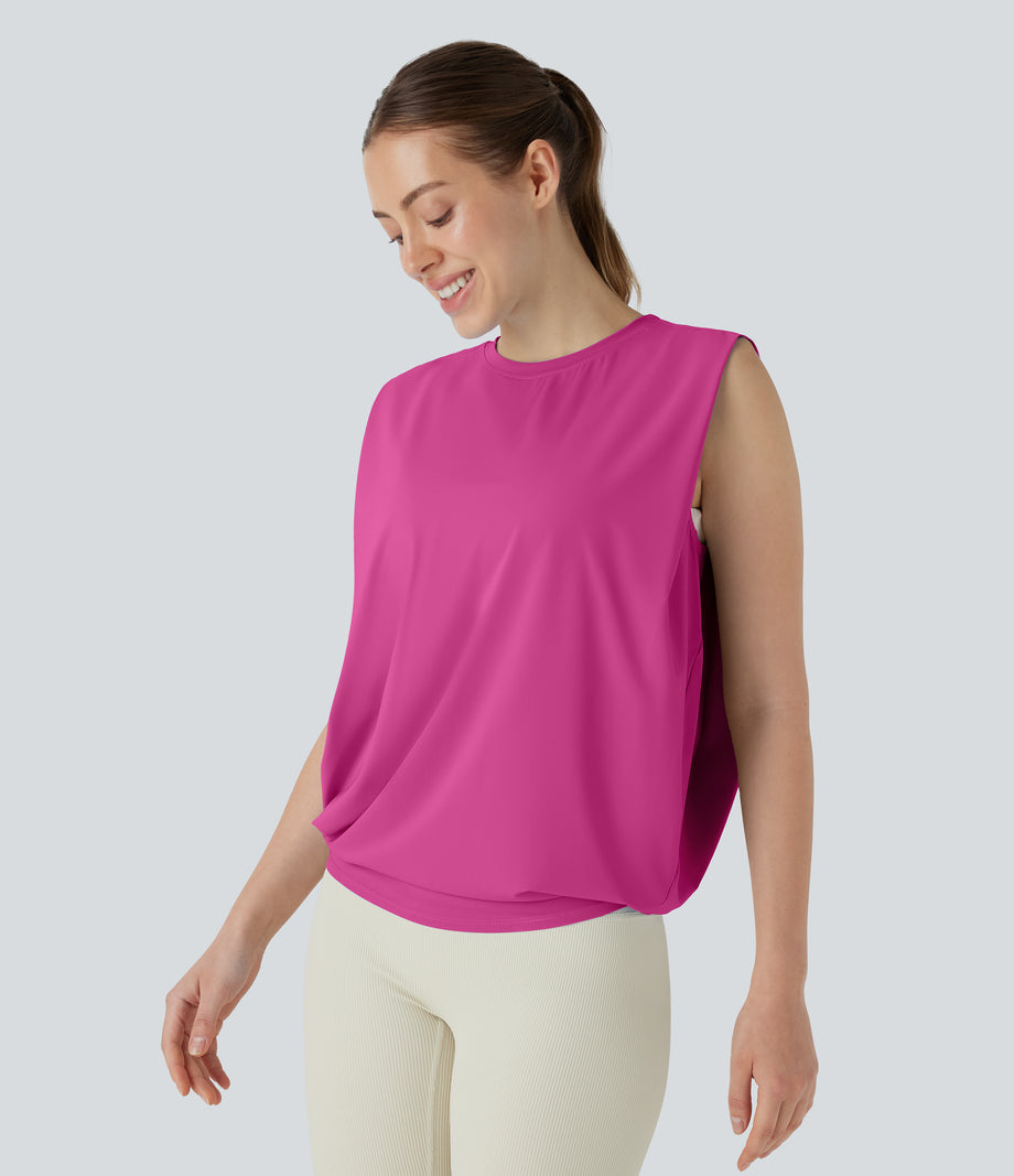 Round Neck Ruched Cool Touch Yoga Tank Top-UPF50+ - Fuchsia Fedora