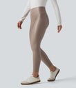 High Waisted Tummy Control Stretchy PU Fleece 7/8 Skinny Casual Leggings with Pockets - Sinopia Fresco