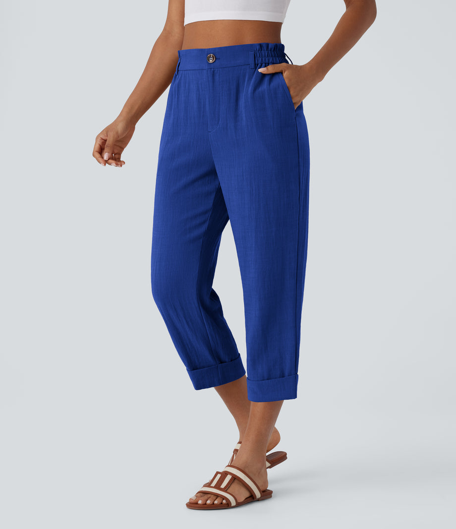 High Waisted Zipper Pocket Cropped Linen-Feel Pants - Surf the Web