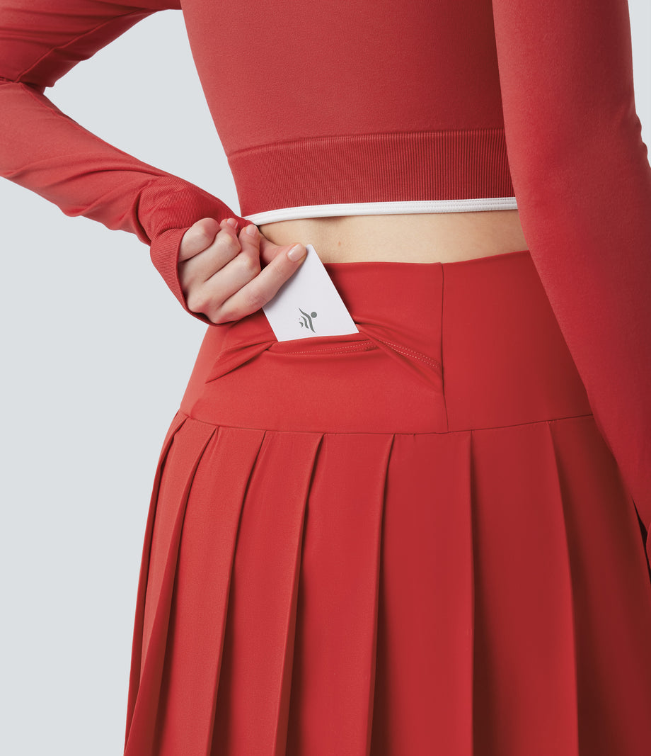 Breezeful™ High Waisted Pleated 2-in-1 Contrast Mesh Quick Dry Dance Stirrup Skirted Leggings with Pockets - Pompeian Red