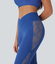 SoftlyZero™ High Waisted Crossover Contrast Lace Pocket Yoga Leggings-UPF50+ - Beaucoup Blue