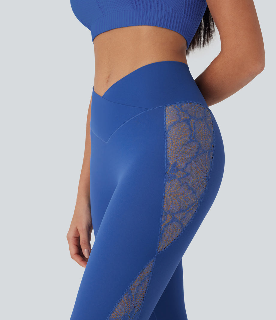 SoftlyZero™ High Waisted Crossover Contrast Lace Pocket Yoga Leggings-UPF50+ - Beaucoup Blue