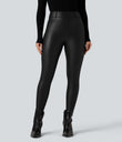 High Waisted Stretchy PU Fleece Casual Leggings with Pockets - Black