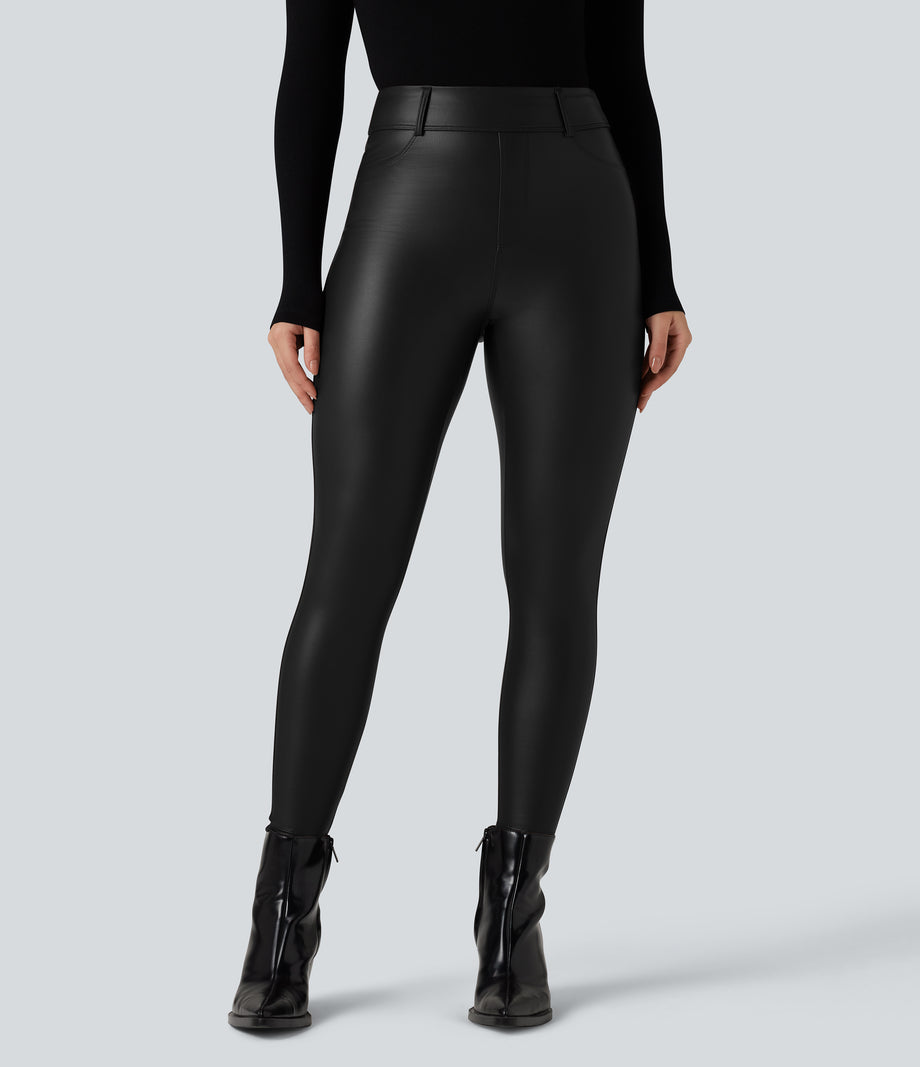 High Waisted Stretchy PU Fleece Casual Leggings with Pockets - Black
