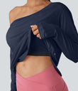 One Shoulder Long Sleeve Thumb Hole Curved Hem High Low Quick Dry Yoga Sports Top-Built-in Bra - Mood Indigo