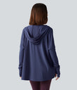 Hooded Cowl Neck Long Sleeve Thumb Hole Yoga Sports Top with Pockets - Patriot Blue