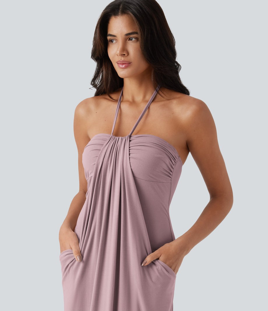 Halter Tie Back Maxi Dress with Pockets - Lilac Pink