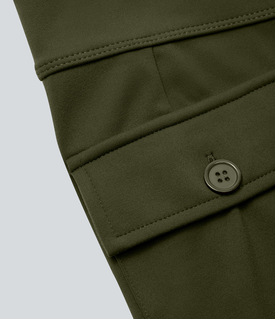 High Waisted Side Flap Pocket Flare Casual Cargo Pants - Forest Night