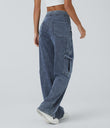 Halara Flex™ Mid Rise Pockets Straight Leg Casual Cargo Jeans - Washed Denim Bleached Blue