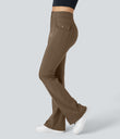 High Waisted Side Flap Pocket Flare Casual Cargo Pants - Sepia