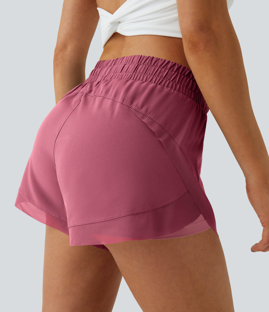 Mid Rise Drawstring Contrast Mesh 2-in-1 Flowy Running Shorts 3'' - Rose Wine