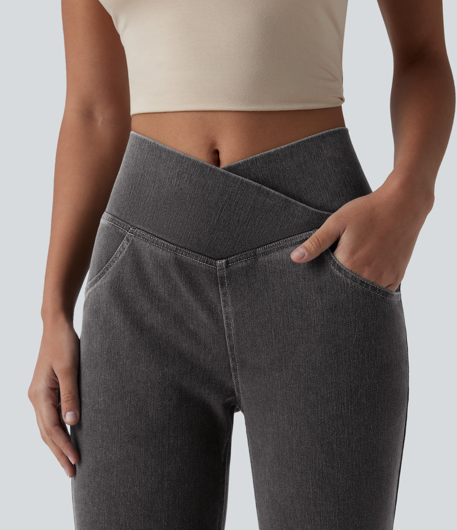 Halara Flex™ High Waisted Crossover Pocket Washed Casual Jeans - Cool Gray Denim