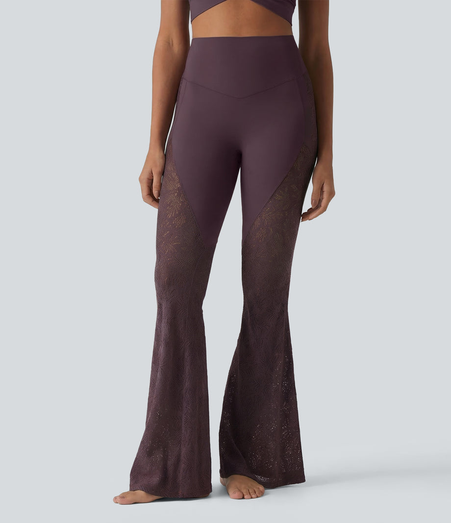 Halara UltraSculpt™ High Waisted Tummy Control Contrast Lace Yoga Flare Leggings with Pocket - Night's Purple