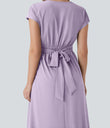 Breezeful™ V Neck Short Sleeve Pocket Tie Back Quick Dry Midi Casual Dress - Leisurely Lavender