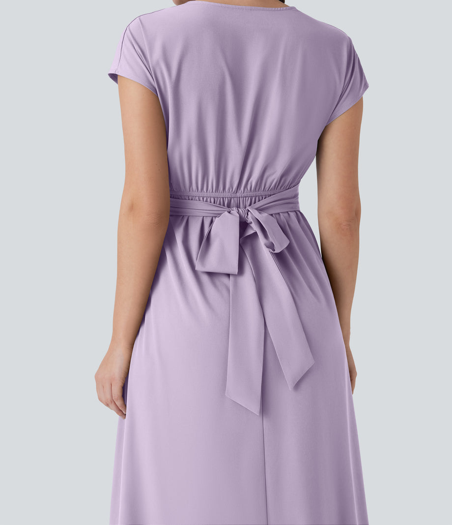 Breezeful™ V Neck Short Sleeve Pocket Tie Back Quick Dry Midi Casual Dress - Leisurely Lavender