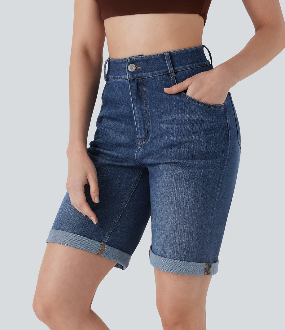 Halara Flex™ High Waisted Pockets Rolled Hem Washed Denim Casual Bermuda Shorts - Inkling  Blue Denim