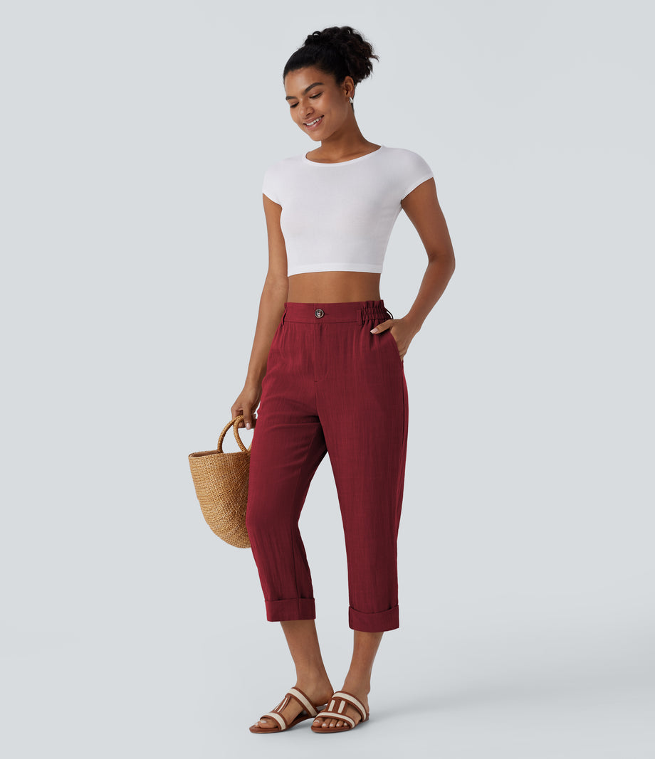 High Waisted Zipper Pocket Cropped Linen-Feel Pants - Biking Red