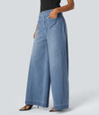 Halara Flex™ High Waisted Pockets Washed Casual Wide Leg Jeans - Azure Blue Denim