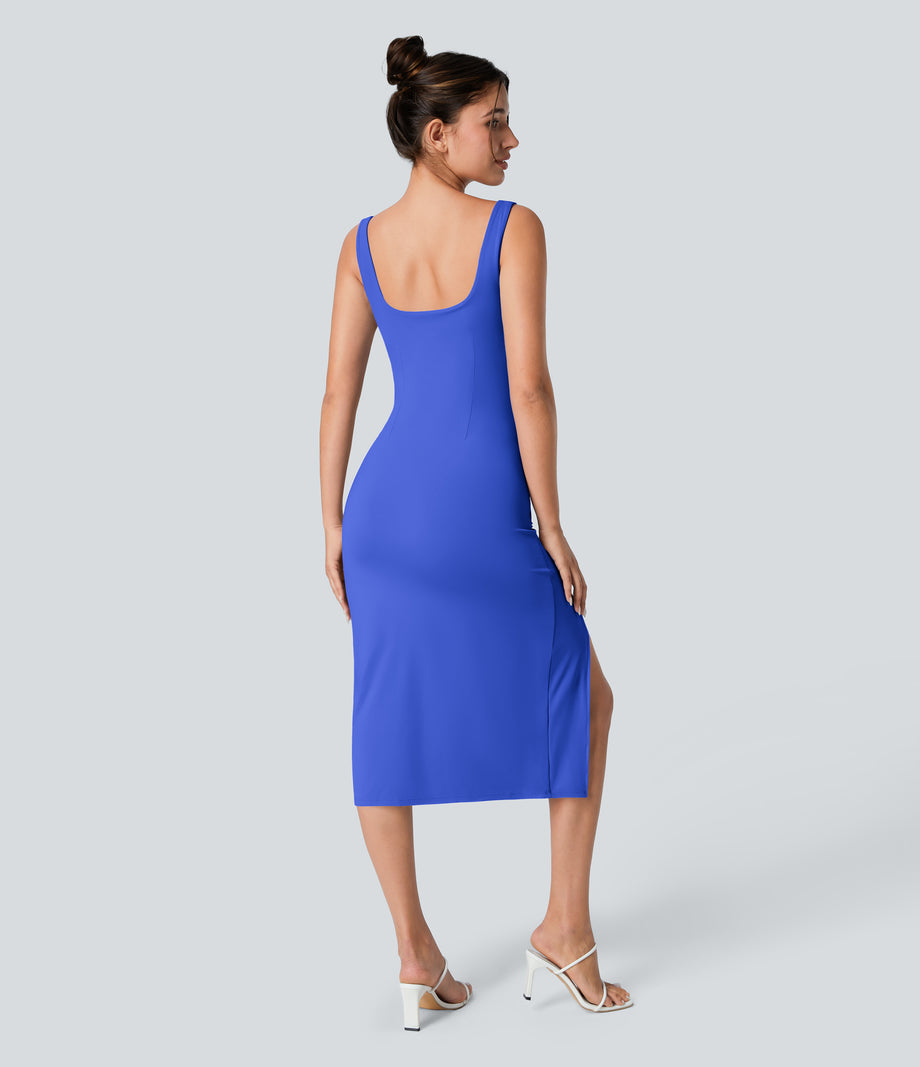 SoftlyZero™ Airy Square Neck Backless Corset Ruched Split Bodycon Midi Cool Touch Bridesmaid and Wedding Guest Dress - Aster Blue