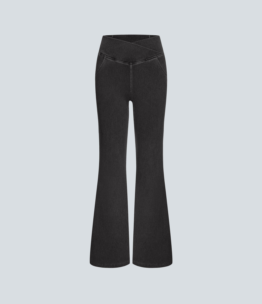 Halara Flex™ High Waisted Crossover Pocket Washed Casual Jeans - Hemp Rope Black Denim