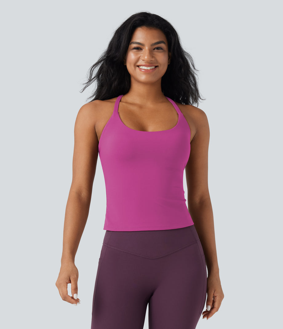 Scoop Neck Crisscross Back Crossover Hem Yoga Cami Top - Rose Violet