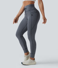 High Waisted Drawstring Striped Yoga Leggings with Pockets - Midnight Stripe
