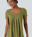 Square Neck Short Sleeve Casual Top - Moss