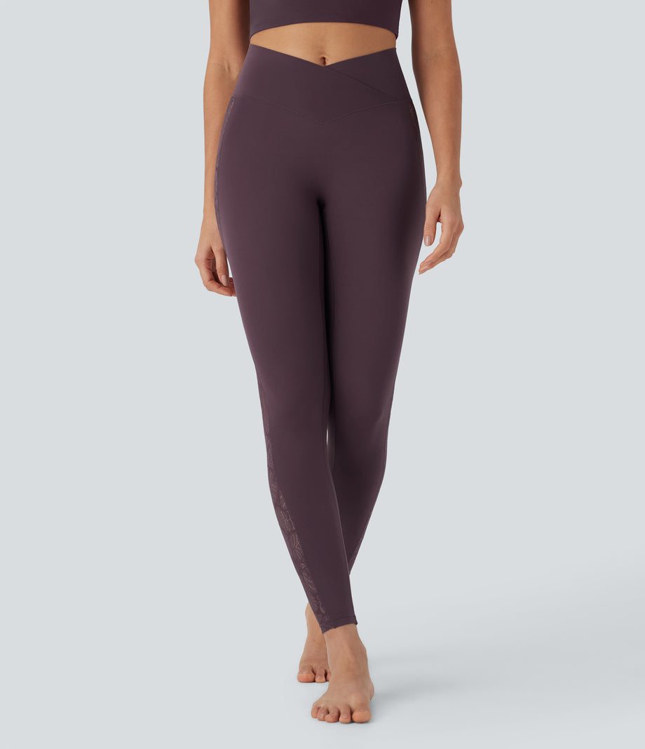 SoftlyZero™ High Waisted Crossover Contrast Lace Pocket Yoga Leggings-UPF50+ - Dusky Evening purple